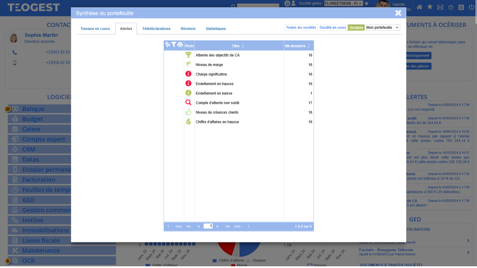 Detail de la barre dentete  la grande etoile pour visualiser la synthese du portefeuille des dossiers du collaborateur ou du groupe   2  Alertes